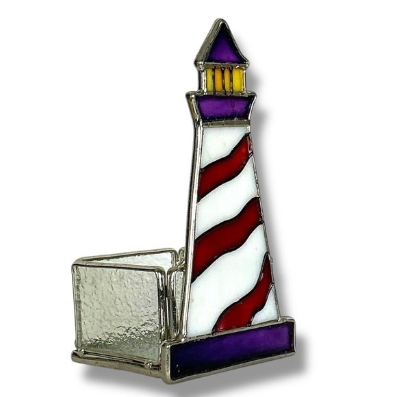Stained Glass Lighthouse Candle Holder Glass Art Decor Purple Red Yellow 6” - Picture 2 of 16